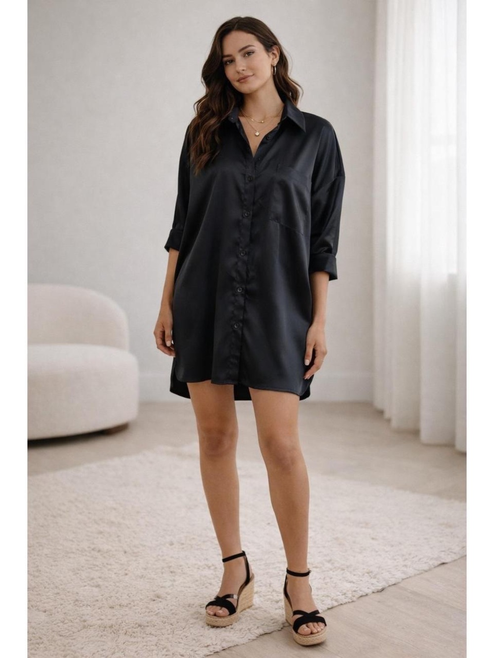 GB Black Satin Button-Front Mini Shirt Dress